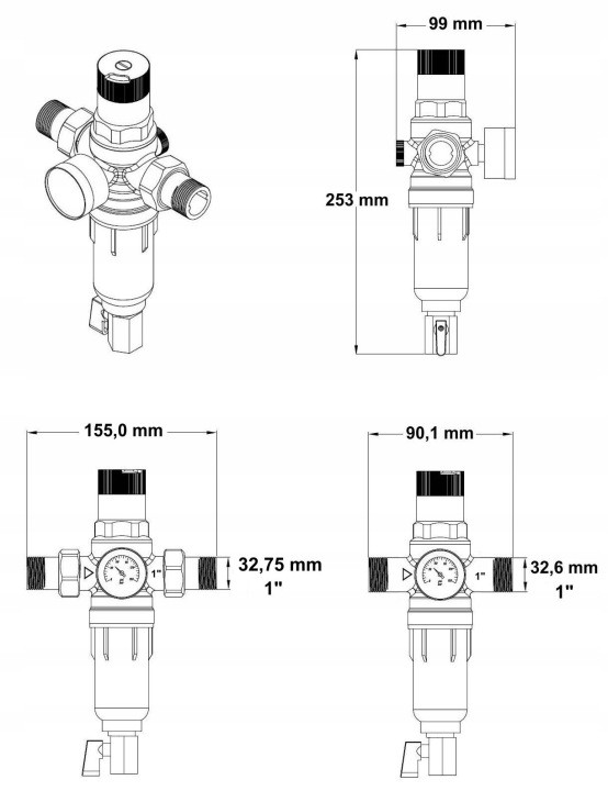 Reduktor tlaku vody H3210 1″ s nerezovým filtrom a manometrom