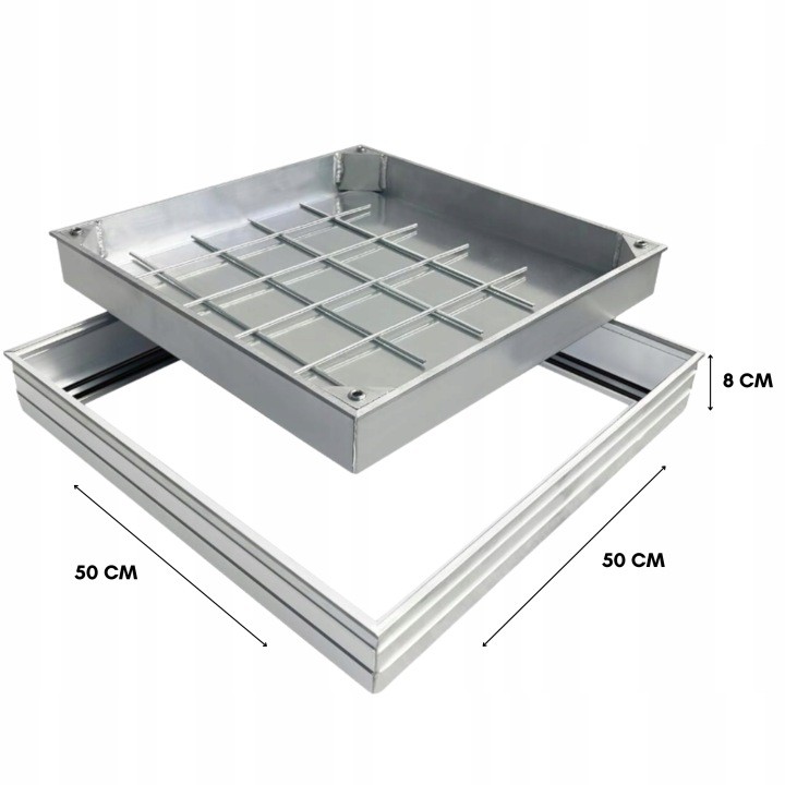 Hliníkový revízny poklop pod dlažbu 500 × 500 × 80 mm, otvor 440 × 440 mm