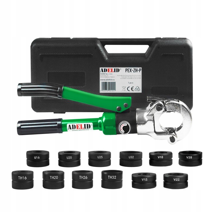 Hydraulický lis Adelid PEX-ZH-P s 12 kompletmi vložiek TH/U/V a kufrom