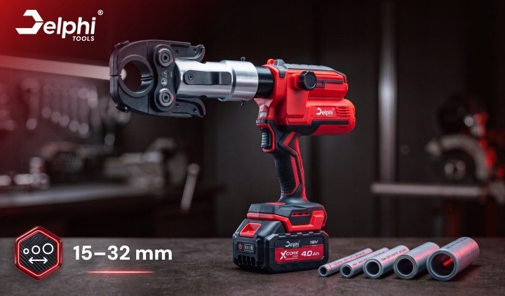 Akumulátorový lis Delphi Tools DT-CT6001, 68 kN, 18 V, 12 čeľustí V/U/TH