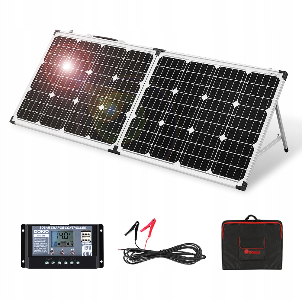 Skladací prenosný solárny panel DOKIO 100 W 12 V monokryštalický solárny panel