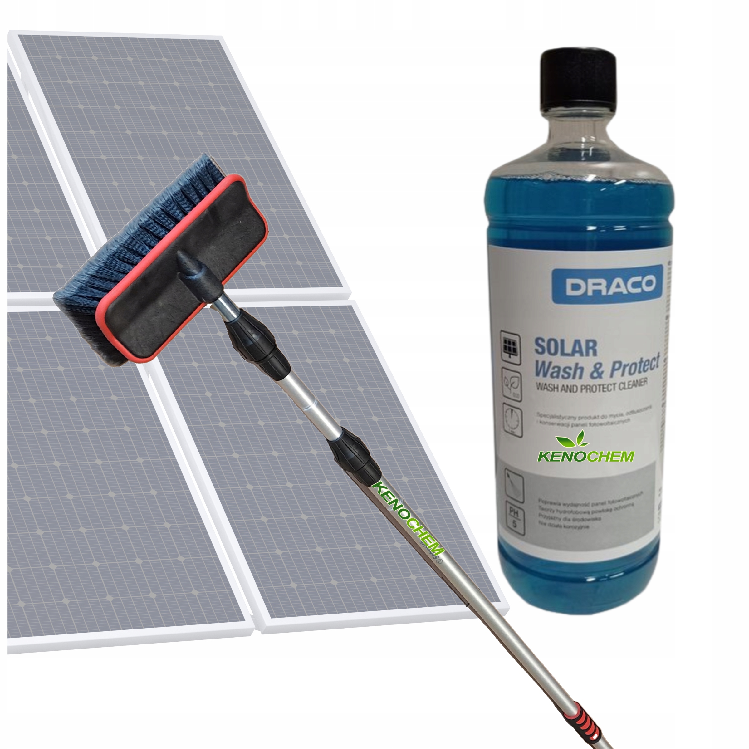 Sada na umývanie fotovoltaických panelov, teleskopická kefa 5M + kvapalina 1L