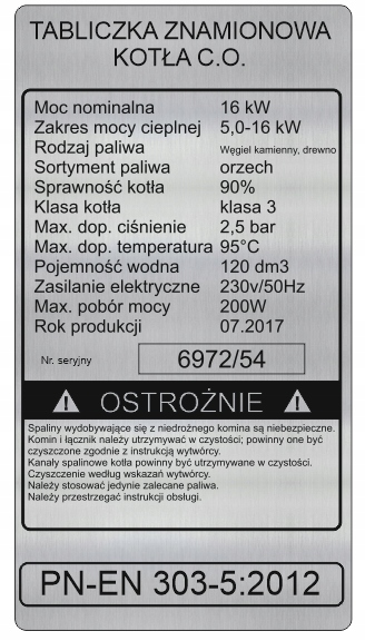 Typový štítok kotlovej pece podľa údajov 15 × 8 CM
