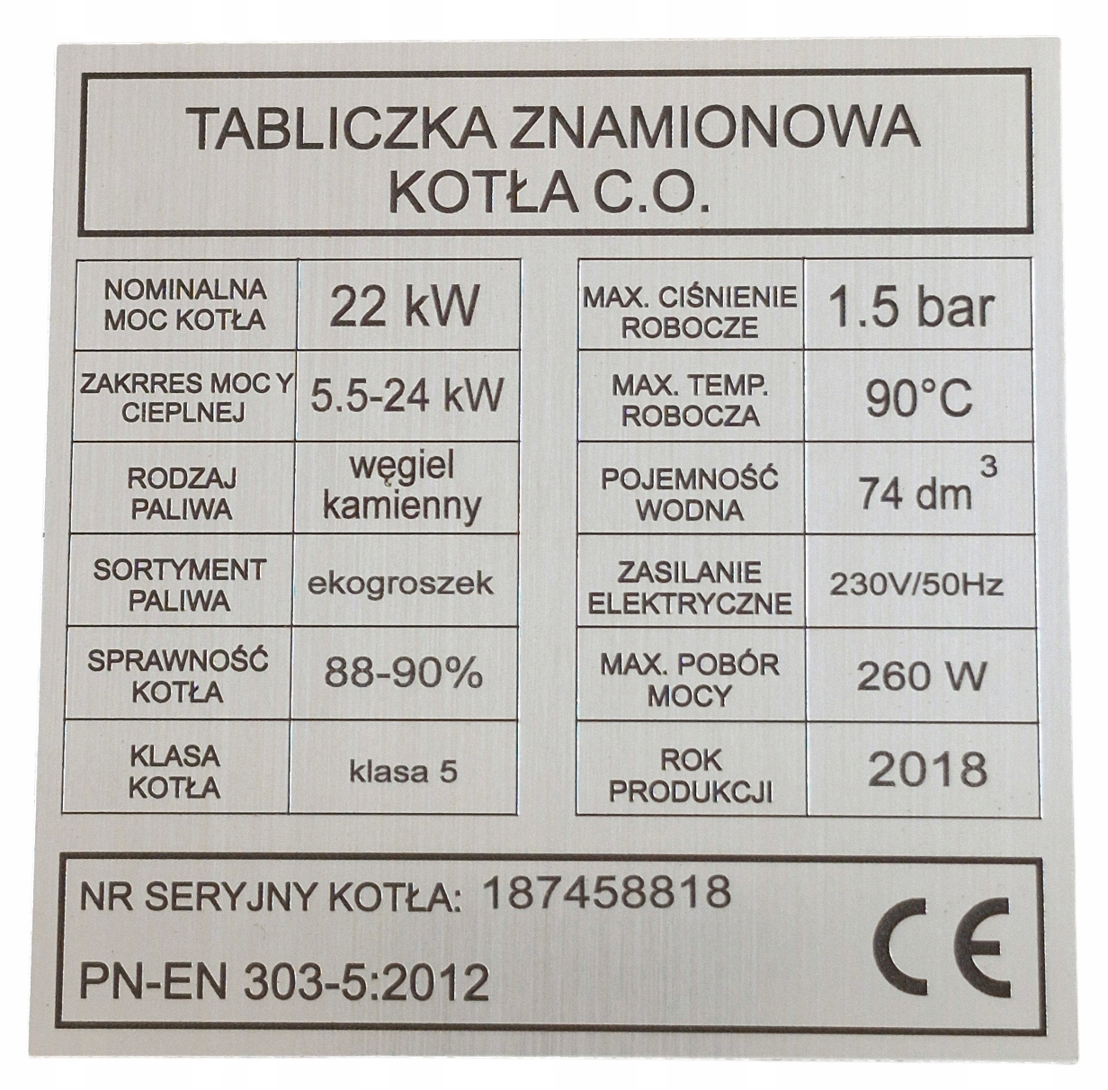 Typový štítok na pec, vykurovací kotol, Drevo, Uhlie, GRAVÍR