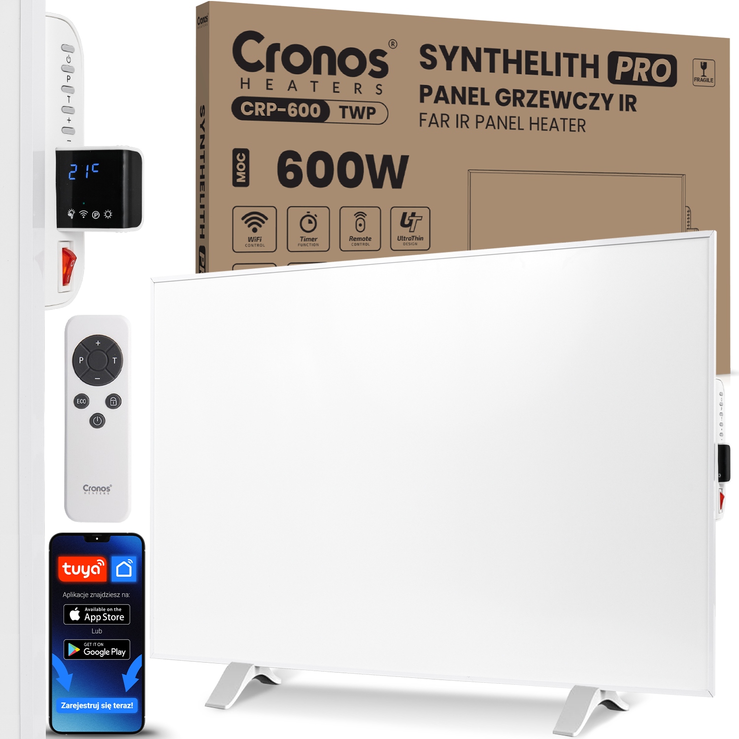 IR vykurovací panel CRONOS Synthelith PRO CRP-600TWP TUYA biely