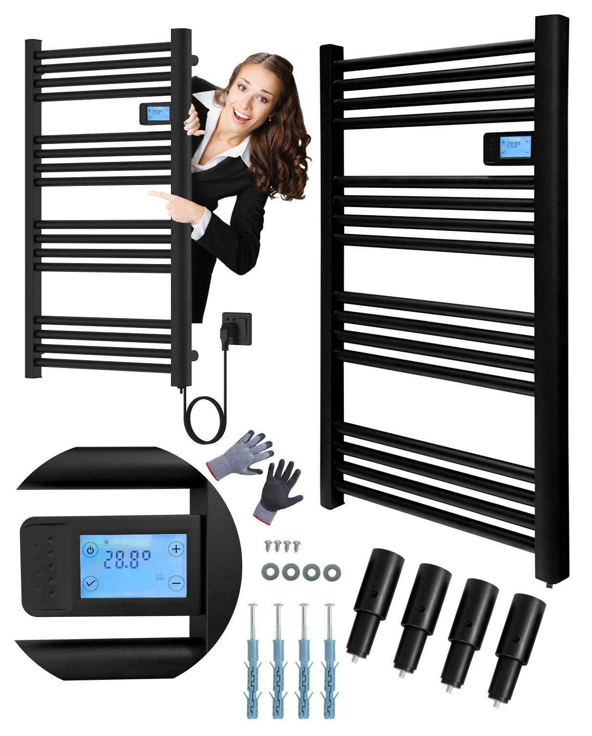 ELEKTRICKÝ REBRÍK kúpeľňový radiátor 500W LCD 96 cm x 54 cm čierny LUX