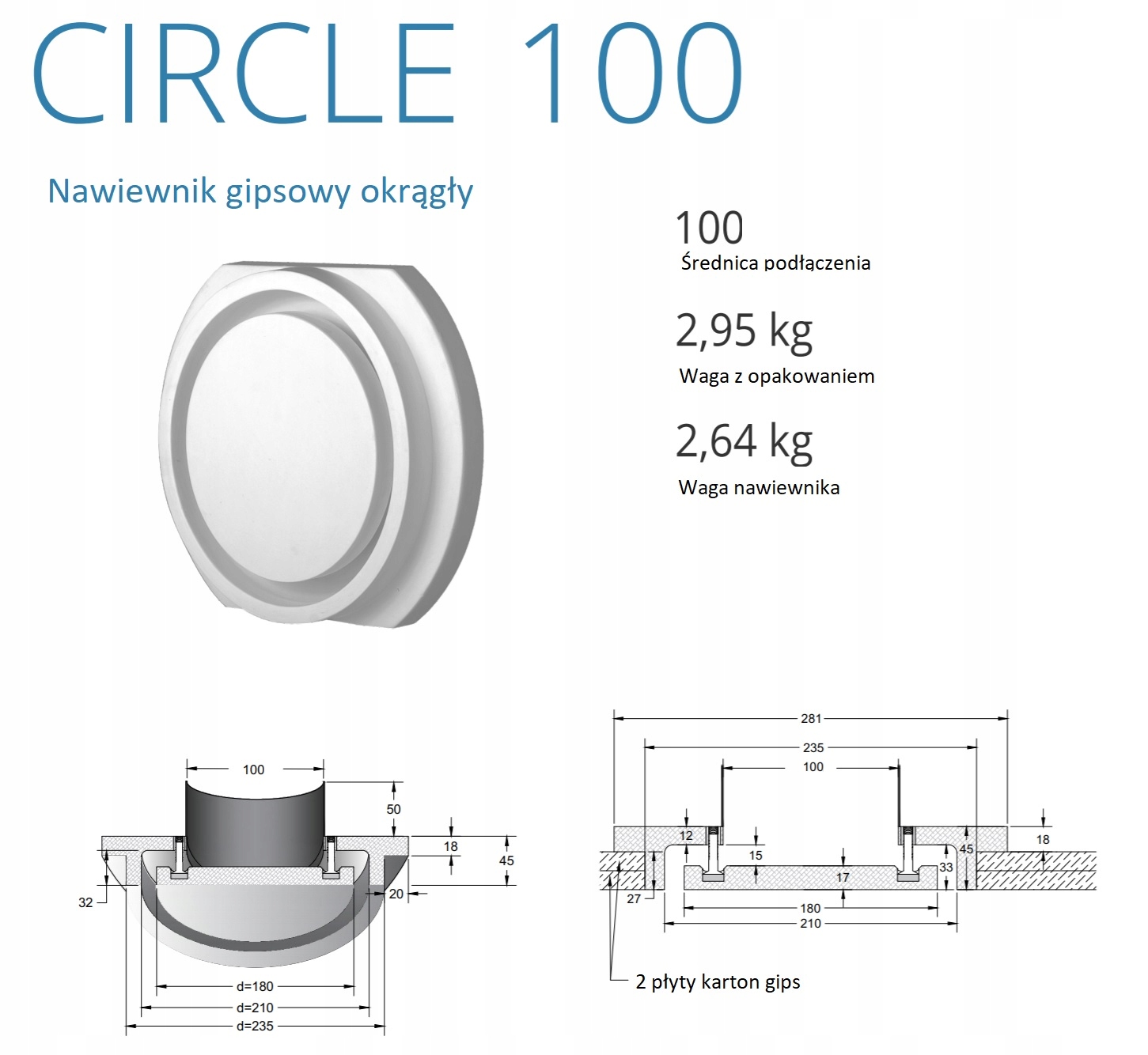Vetracia mriežka - Sadrový prieduch Circle, fi 100, fi 125