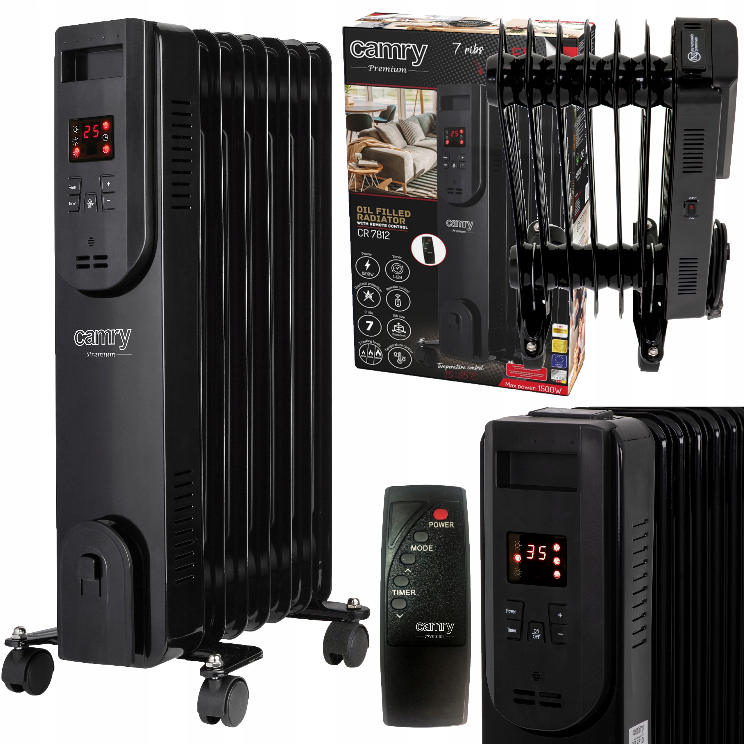 Olejový chladič Camry 1500 W čierny