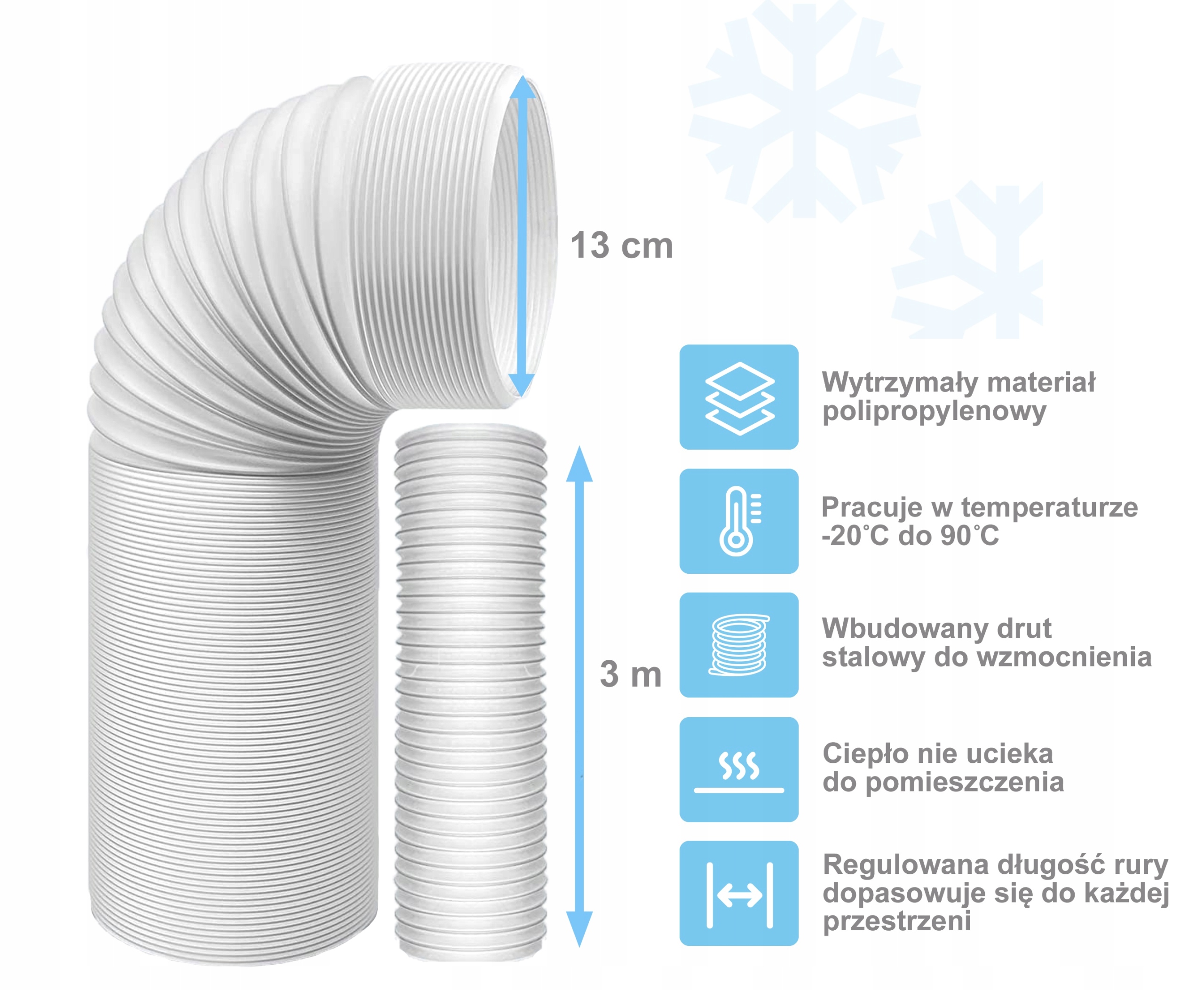 Rúrka pre prenosné klimatizačné zariadenie 13cm 3m BIELA
