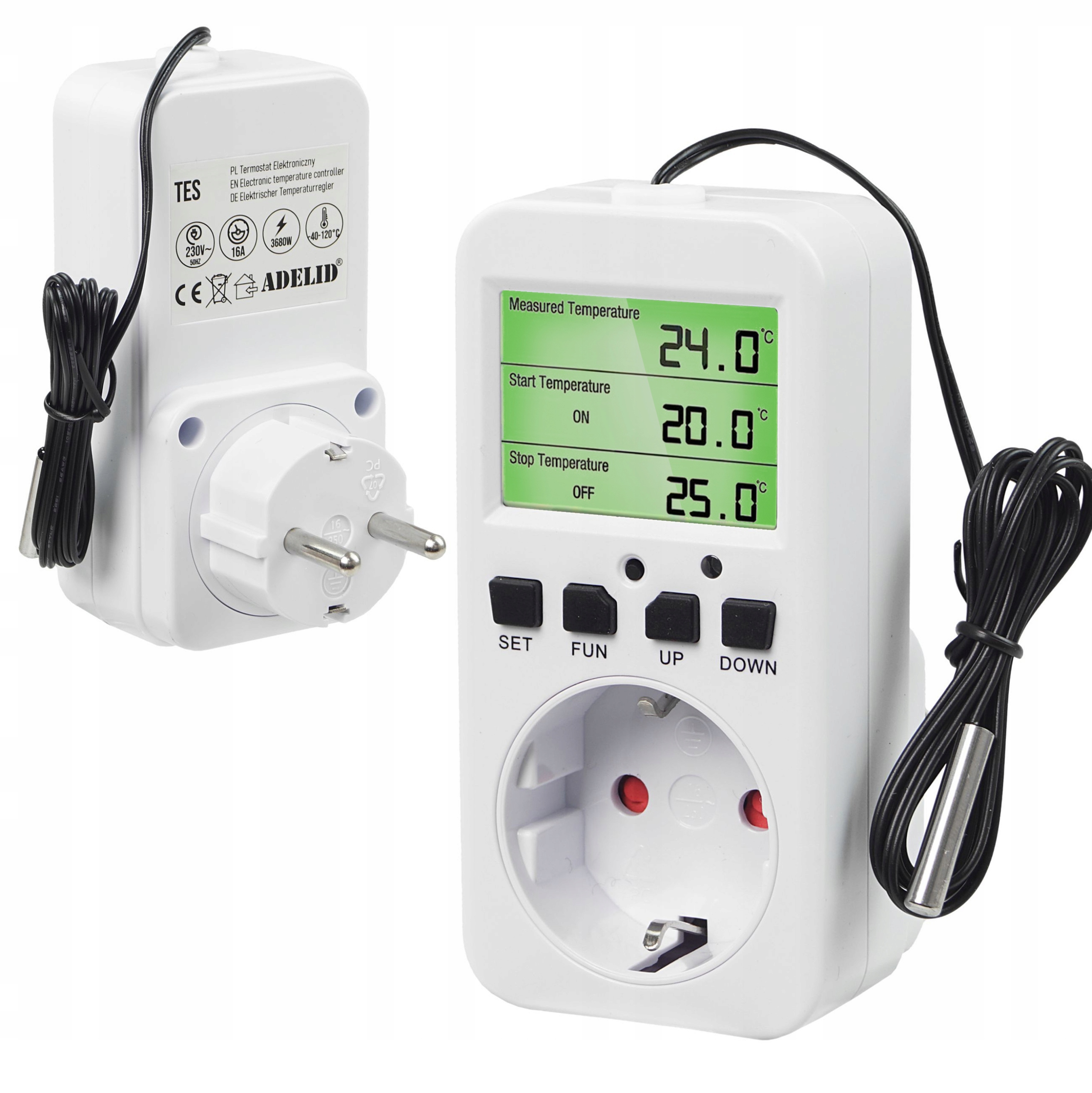 Zásuvkový termostat regulátor teploty digitálna elektronická sonda 230 v