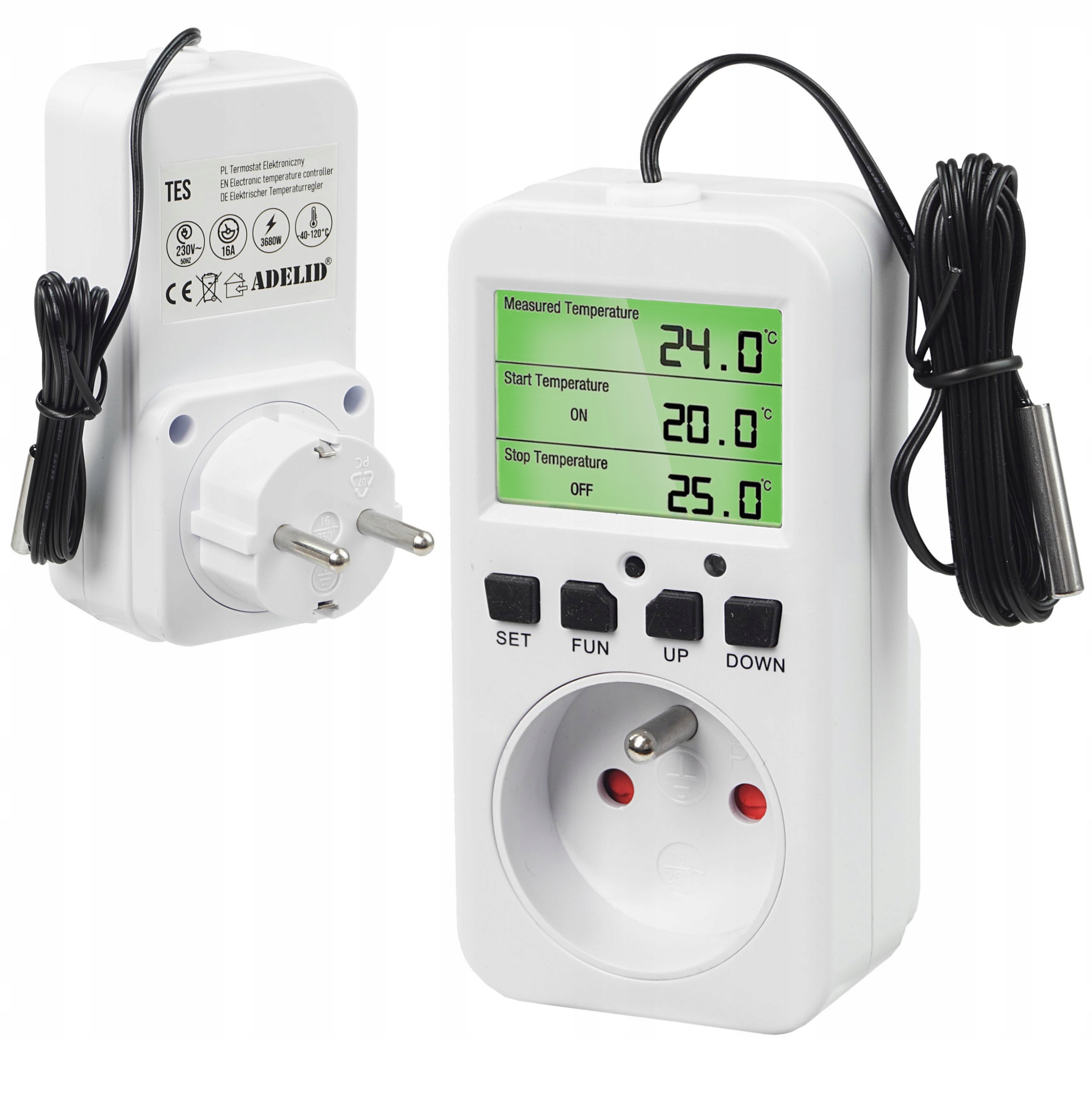 Zásuvkový termostat, digitálny regulátor teploty, elektronická sonda, 230 v