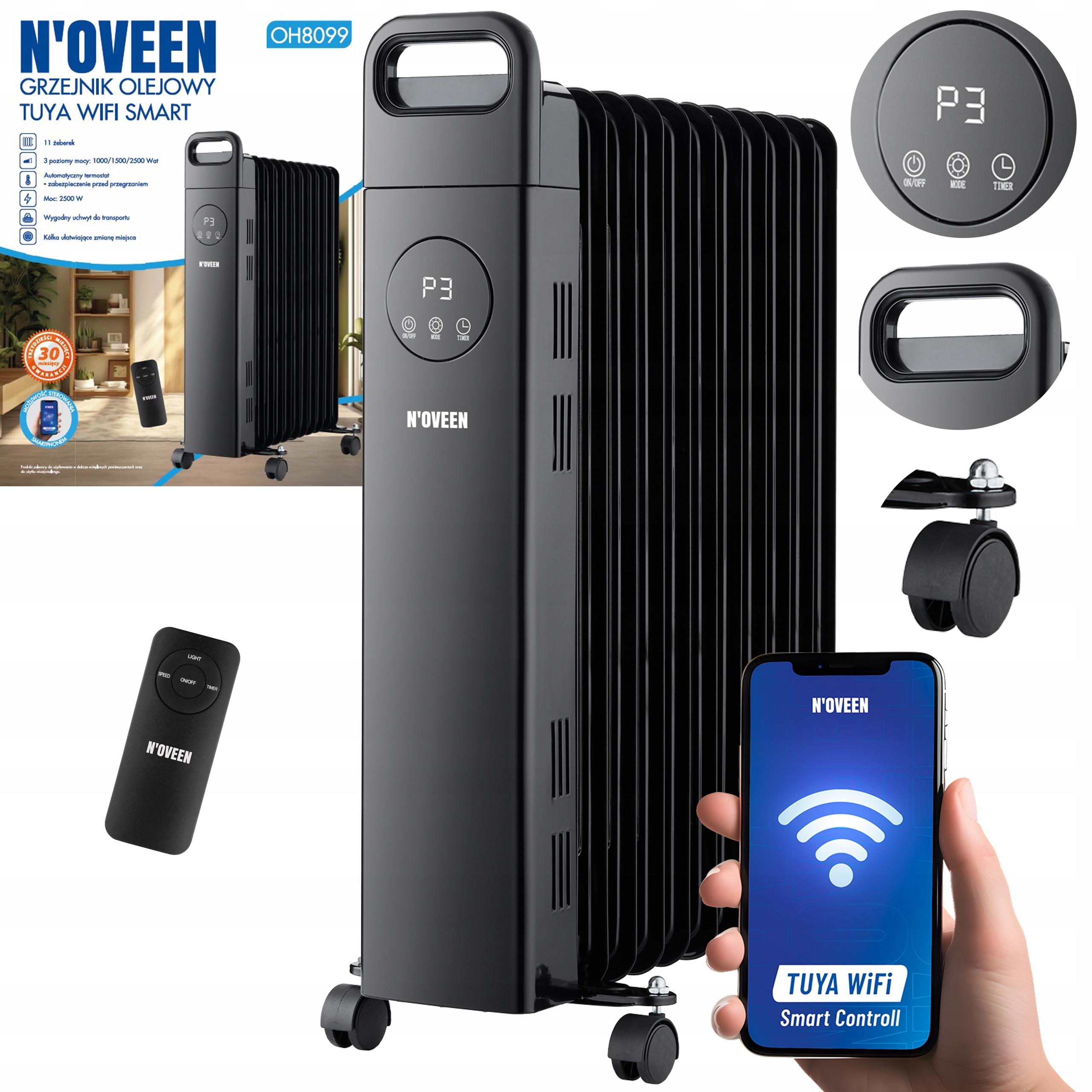 OLEJOVÝ RADIÁTOR 2500W 11 RIBS N'OVEEN OH8099 Tuya WiFi Smart + DIAĽK.
