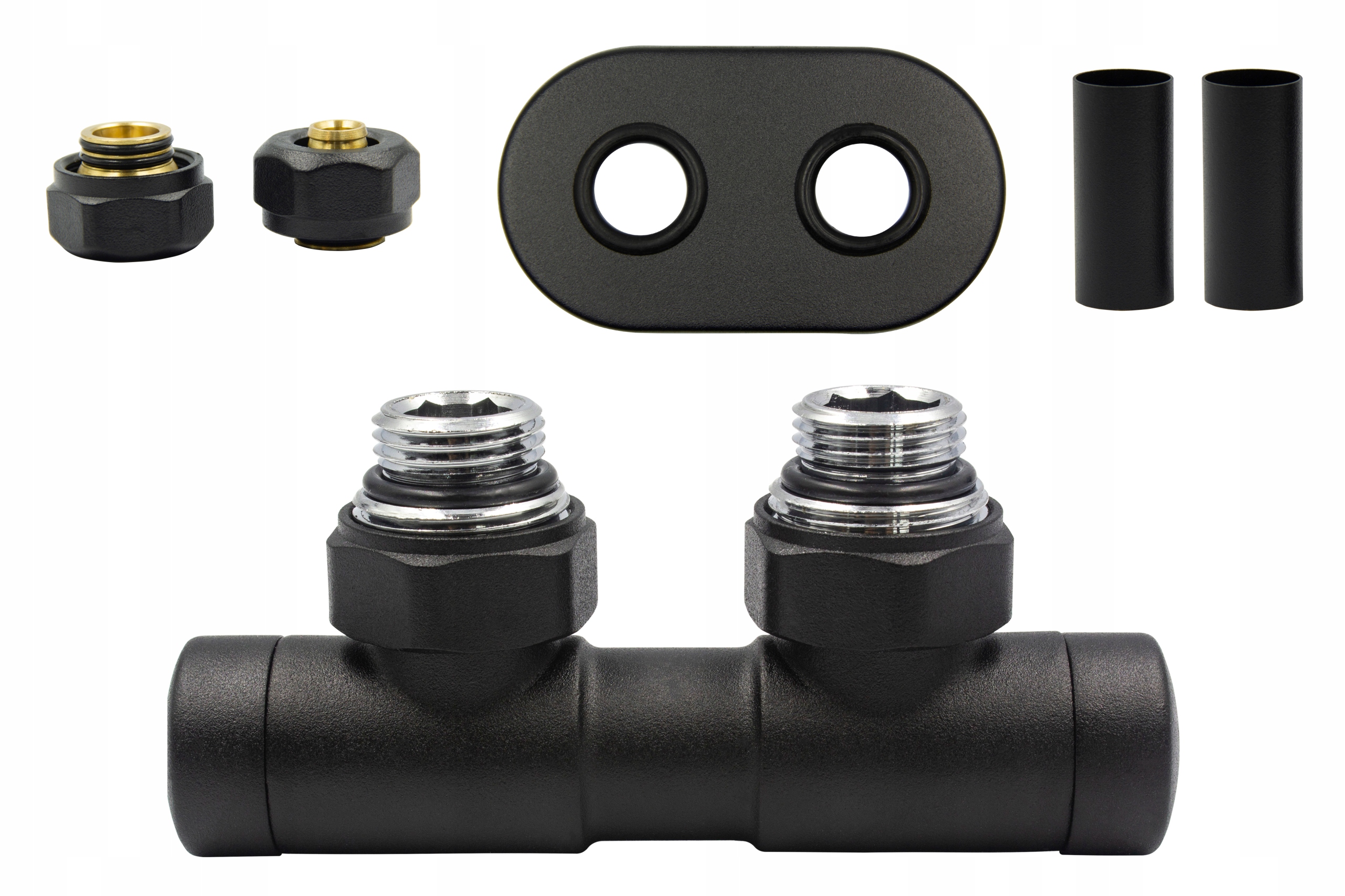 Dvojčatá 50mm čierny prúžkový ventil + PEX konektor + rozety