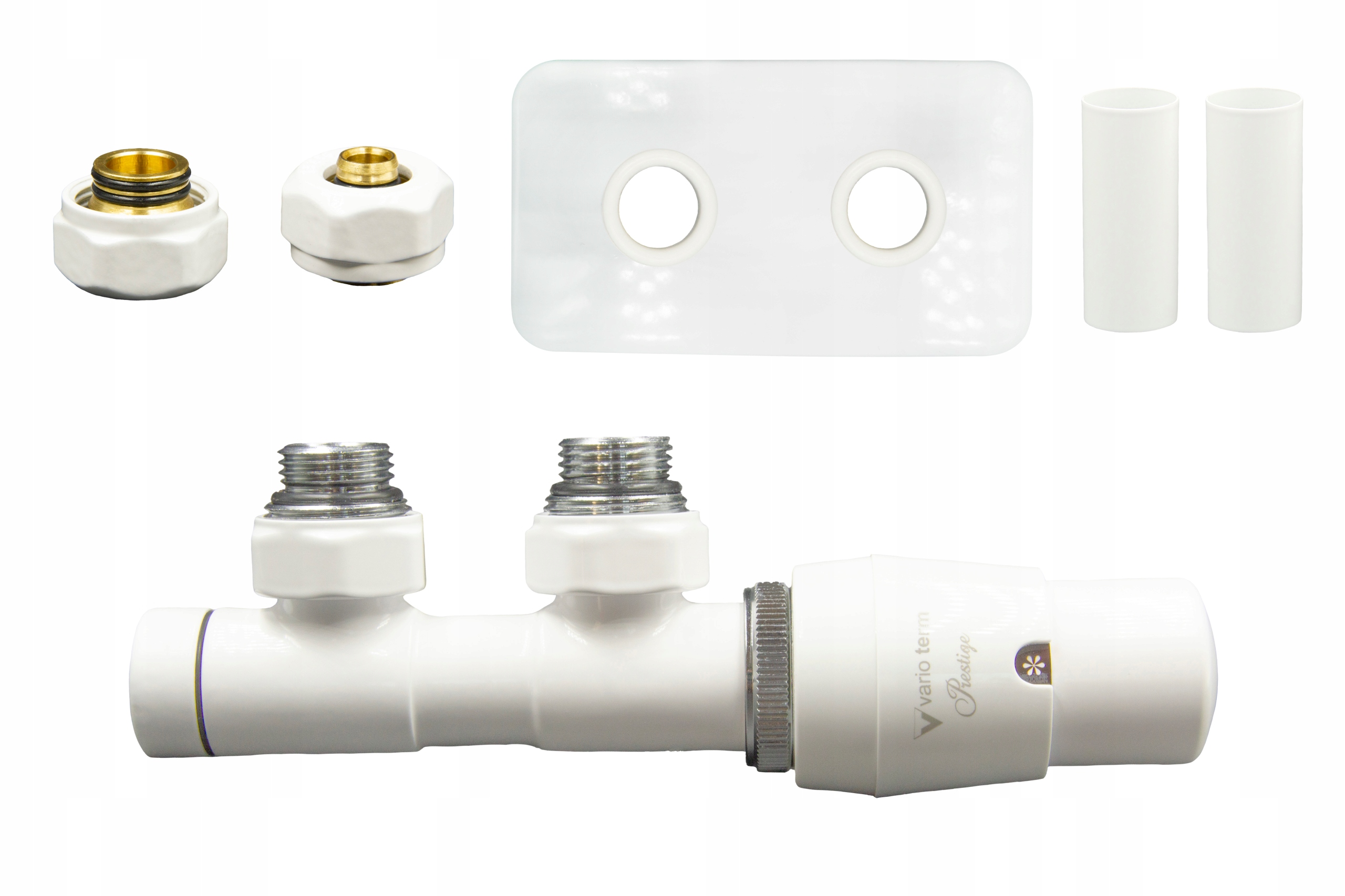 Dvojčatá 50mm biely termo ventil + konektory PEX + rosetPR
