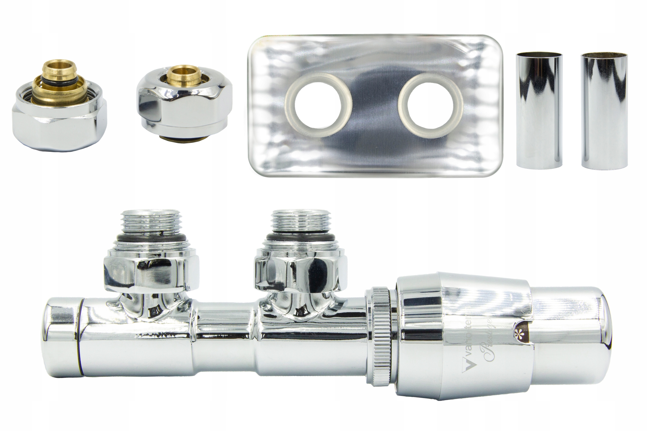 Dvojčatá 50mm chrómový termo ventil + PEX konektory + rozeta PR