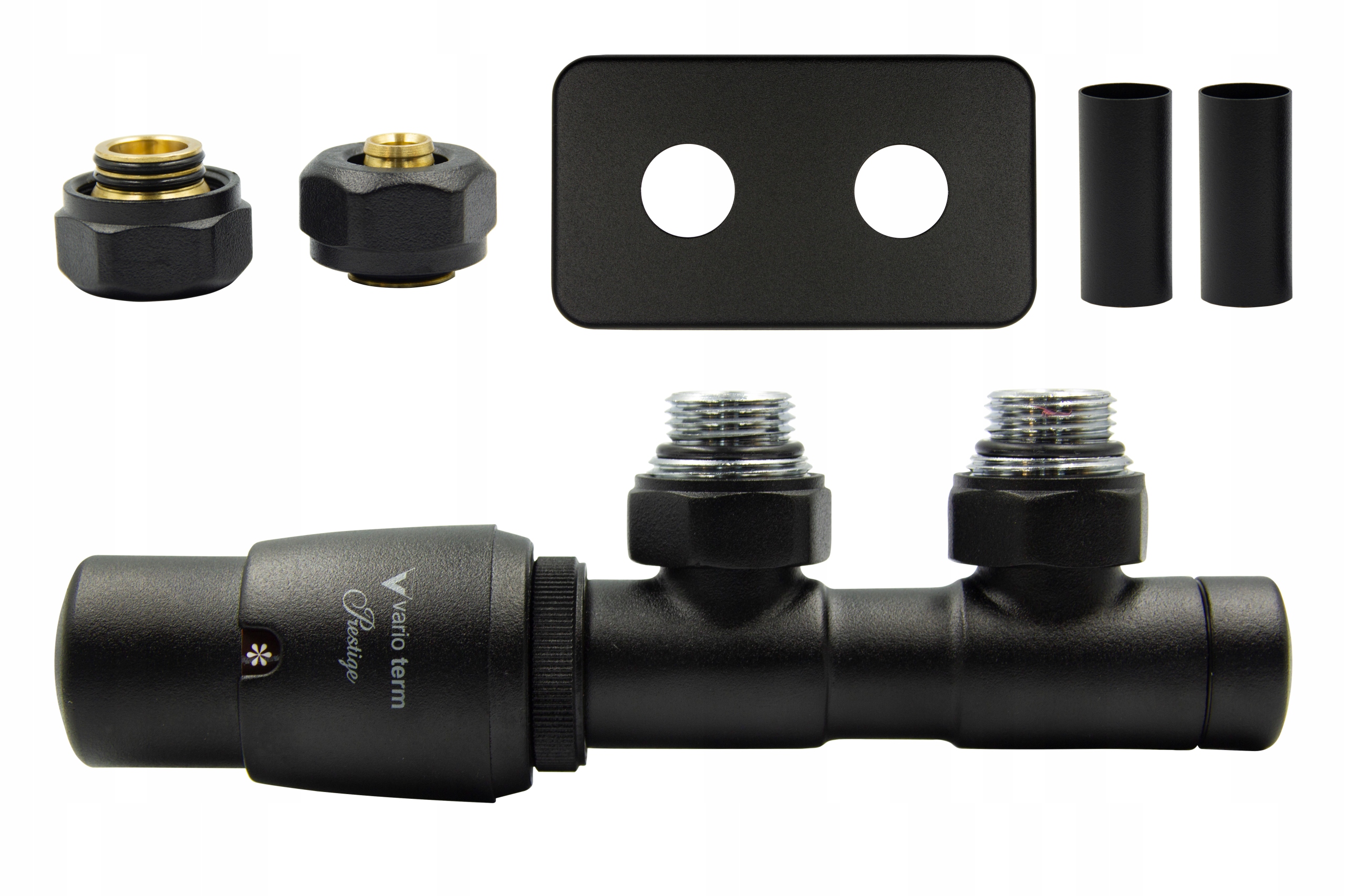 Termo ventil Twins 50mm čierny str. + PEX konektory + rozeta