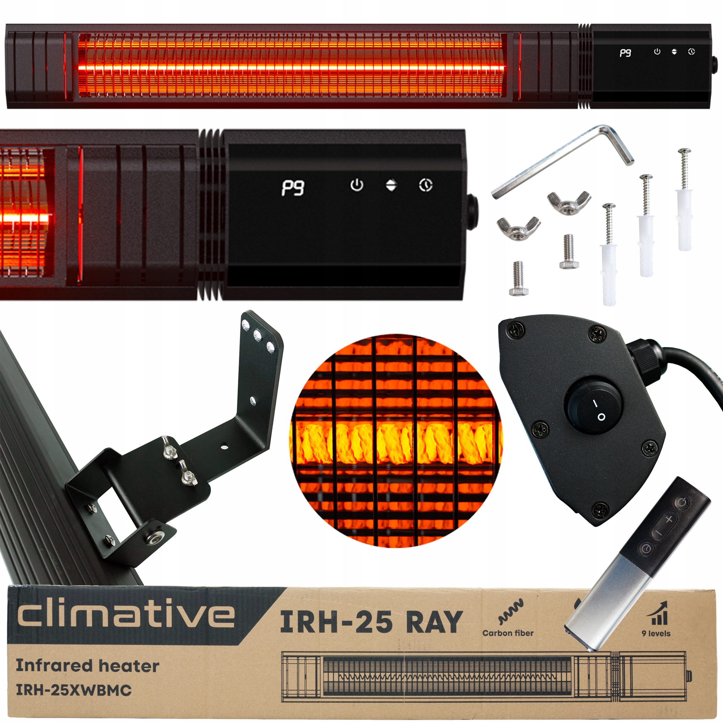 Infračervený žiarič, 9 úrovní, diaľkové ovládanie, 2,5 kW, terasový RAY IR časovač